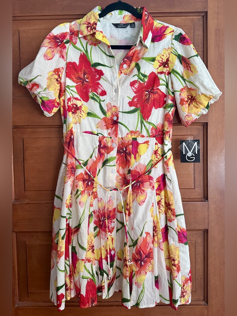 Mlle Gabrielle Floral Button-Front Midi Dress in Red & Yellow NWT Sz Small NEW!!